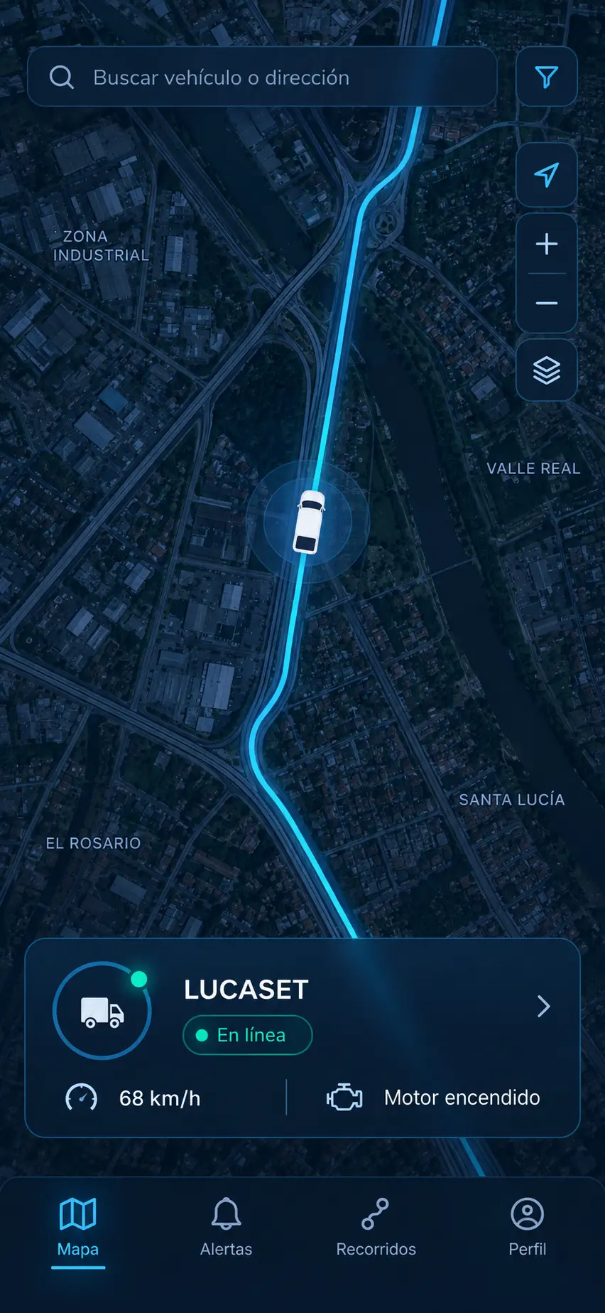 Pantalla de la app de LUCESAT con el mapa y los vehículos rastreados en vivo